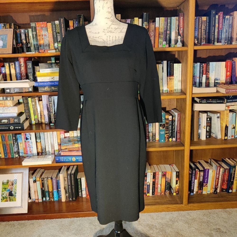 AGNONA black wool crepe square neck midi dress made in Italy euc
